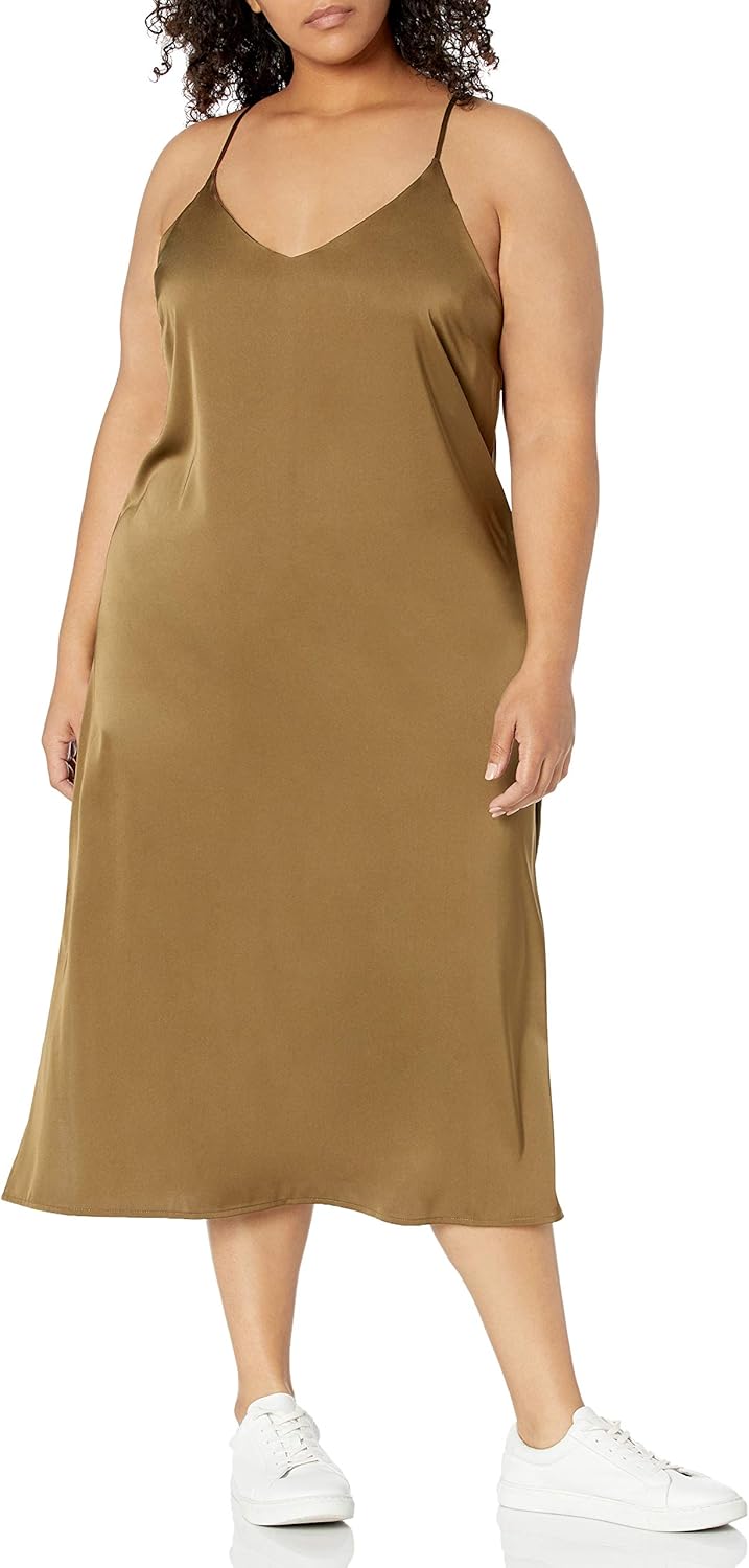 The Drop Damen Ana Silky Midi-Slip-Kleid mit V-Ausschnitt XXS Dunkles Olivgrün, XXS Dunkles Olivgrün