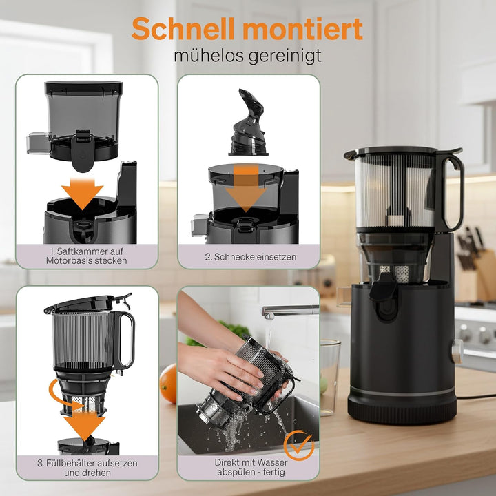 Entsafter Slow Juicer 130 mm, Saftpresse für Gemüse &amp; Obst, 250 W, BPA-frei Schwarz, Schwarz
