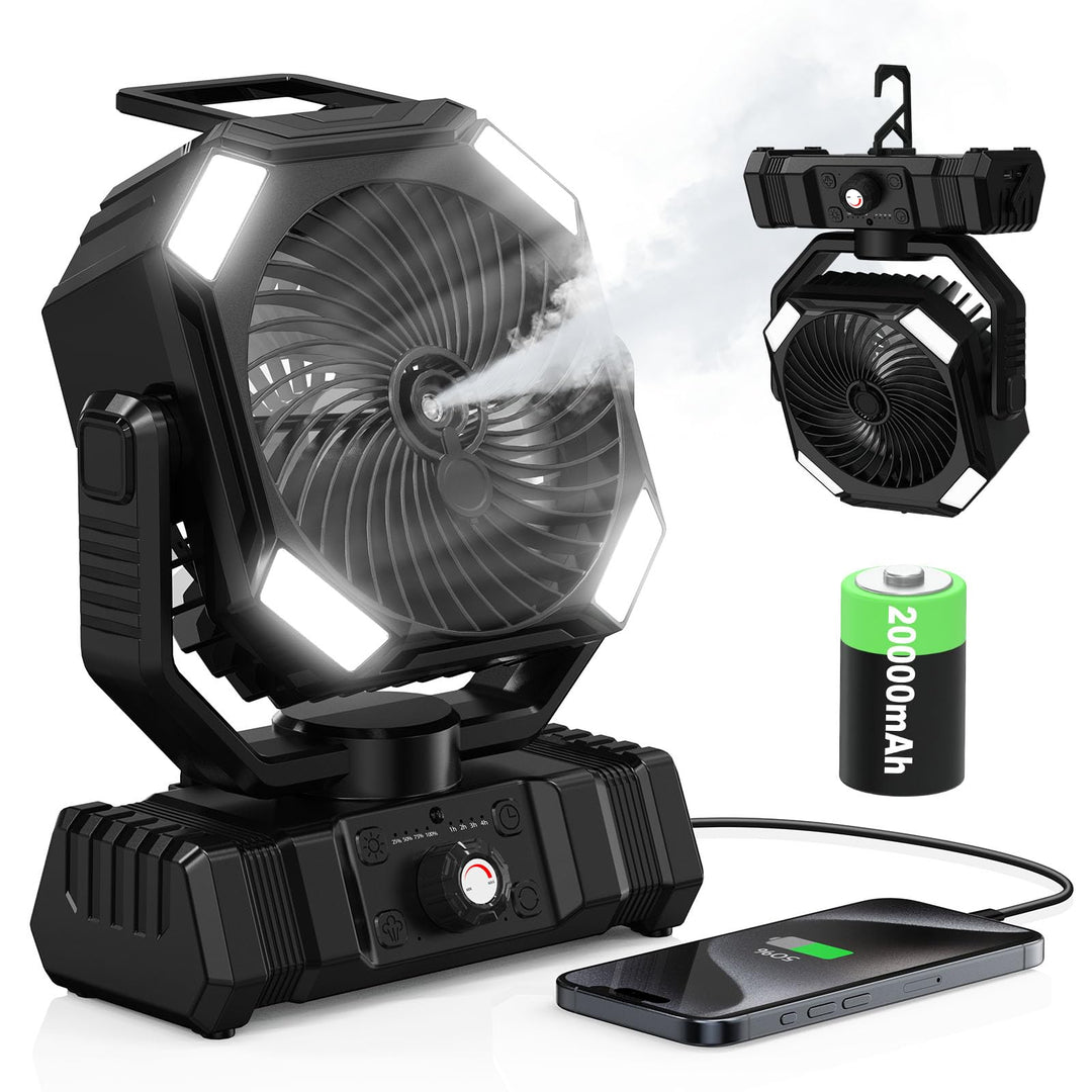 Camping Ventilator mit Sprühnebel & Wasserkühlung, 20000mAh Akku Ventilator, 45° 90° Oszillation, Ha