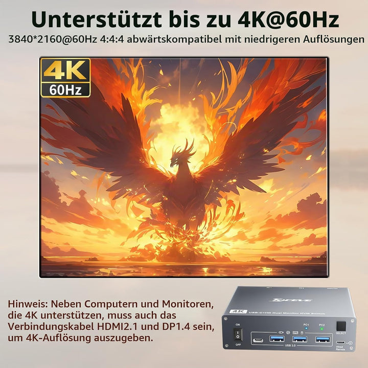 4K@60Hz USBC HDMI KVM Switch 2 PC 2 Monitore für 1 Laptop und 1 Desktop, Dual Monitor KVM Switch mit