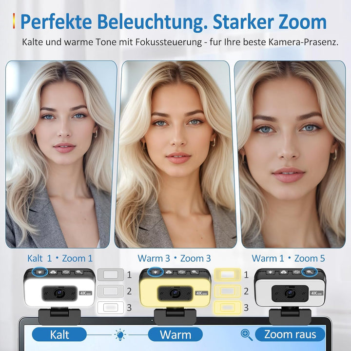 4K Webcam mit Licht & Zoom, USB Computer Kamera mit Mikrofon, Privatsphäre-Abdeckung & Anti-Stör-Lic