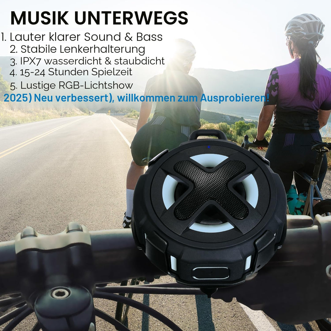 Verbessert, Pro Fahrrad Lautsprecher, mit Lenkermontage, Bluetooth V5.4, IPX7 wasserdicht, Silikonko