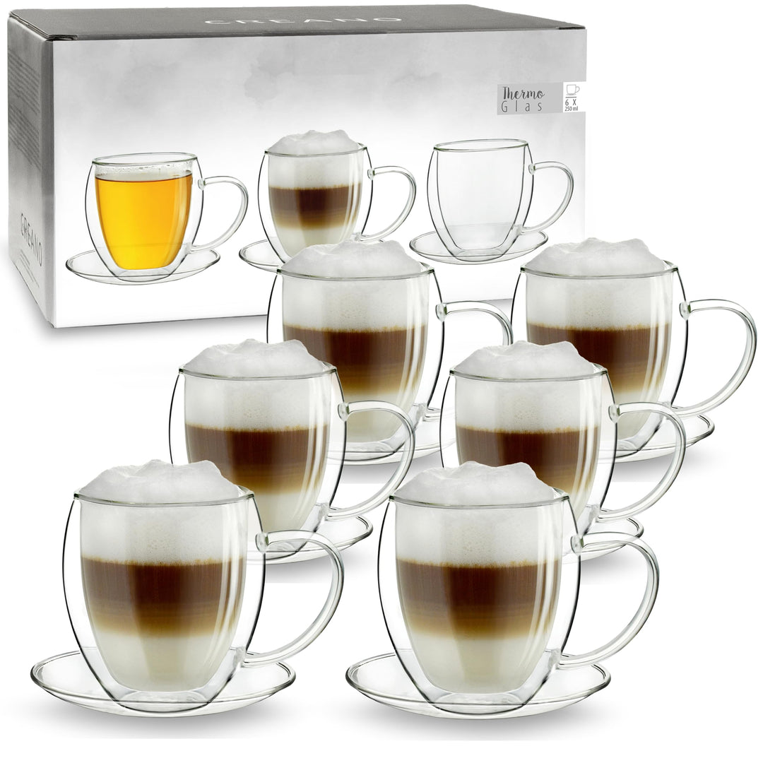 Creano 6 doppelwandige 250 ml Glas-Thermotassen mit Untersetzer, Glas-Teetasse/Kaffeetasse mit Schwe
