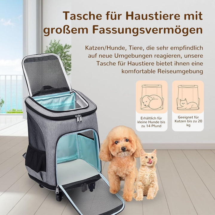 Hunderucksack mit Trolley,Katzenrucksack Trolley Hund Katze bis 10kg Leichte Hundewagen Transportbox