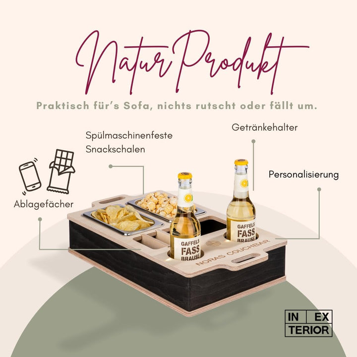 INEXTERIOR CouchBar - PERSONALISIERBAR - handgefertigt in Deutschland - Zwei Snackschalen, Organizer