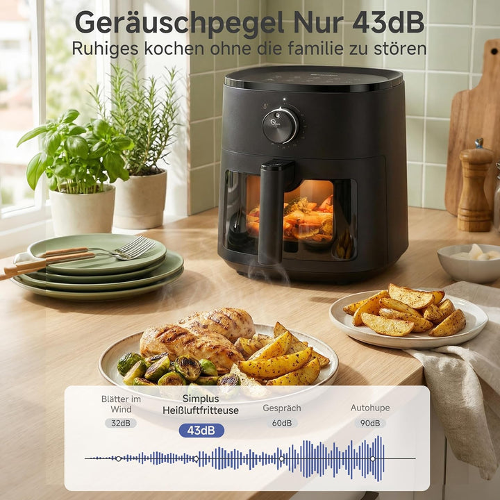 SIMPLUS Heissluftfritteuse 5L mit Sichtfenster, 1300W Airfryer, leise 43,2 dB, platzsparend, Heisslu