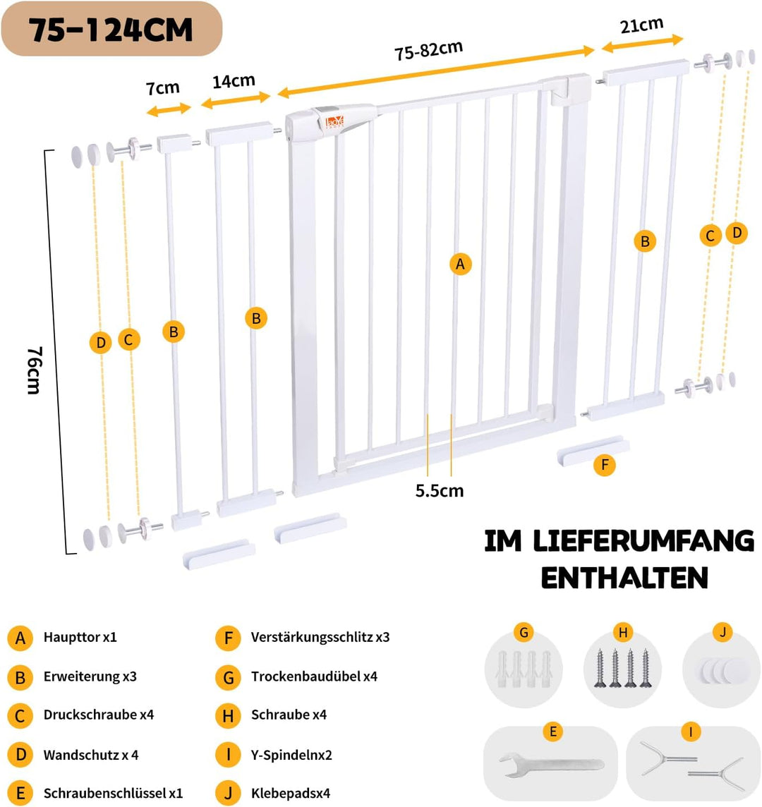 LAOYE Treppenschutzgitter ohne Bohren, Extra Hoch 76 cm Höhe, 75-124 cm Breite, Türgitter Baby mit 3