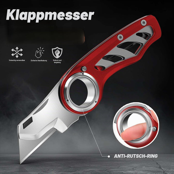 Falt-Cuttermesser mit Fingerring, Werkzeugloser Klingenwechsel, inkl. 5 SK5-Klingen, Aluminiumlegier