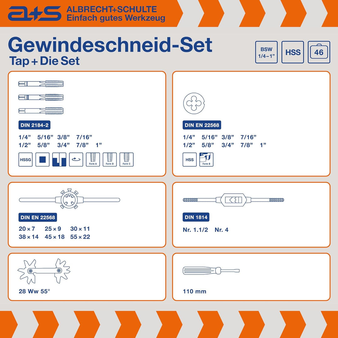 a+s BSW Gewindeschneider Set | HSS-G, 1/4"-1'', 46-teilig | Zoll Gewindebohrer & Schneideisen | Komp