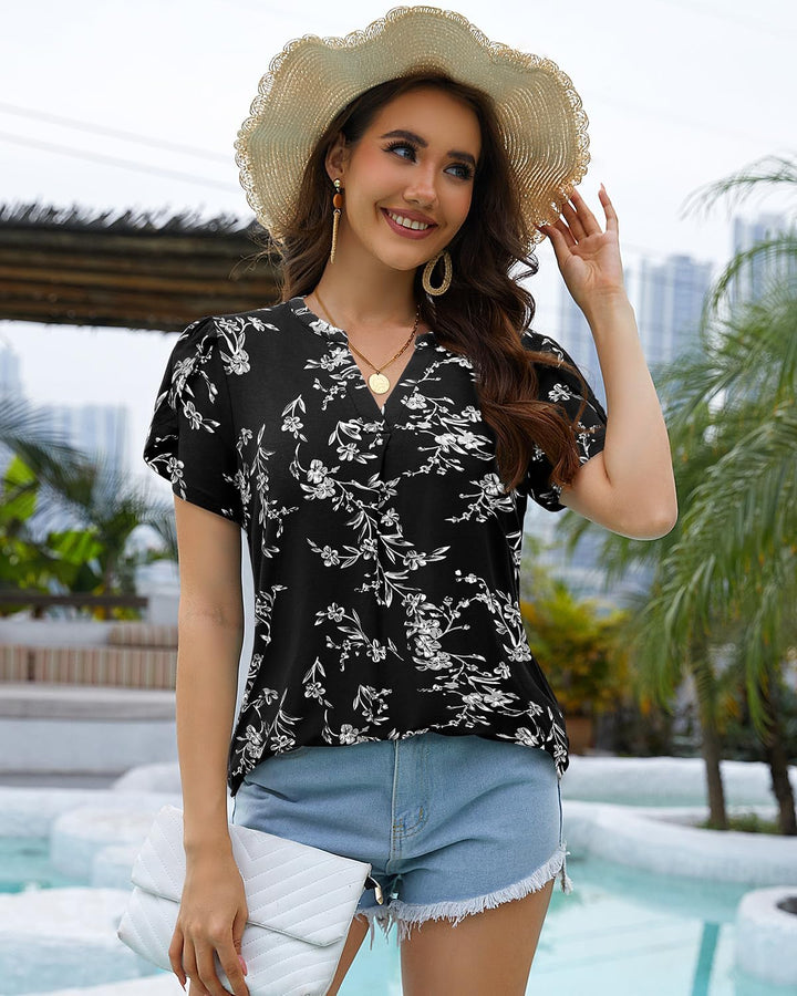 Siddhe Damen Bluse Kurzarm T-Shirts V-Ausschnitt Elegant Lässig Tunika Oberteil Locker Longshirt M B