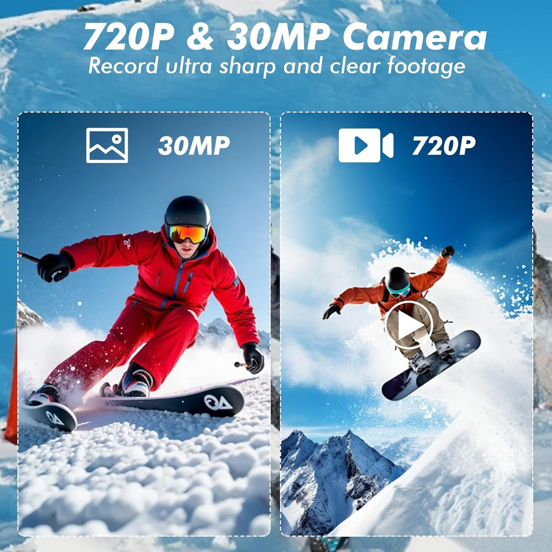 Action Cam 720P 30FPS mit 64GB Karte,20MP Unterwasserkamera bis 40m, Touchscreen,140° Weitwinkel Spo