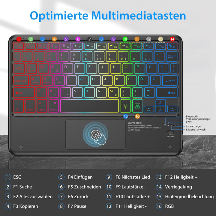 KBCASE Bluetooth Tastatur mit Touchpad Tastatur Kabellose mit 7 Farben Beleuchtete Wireless Bluetoot