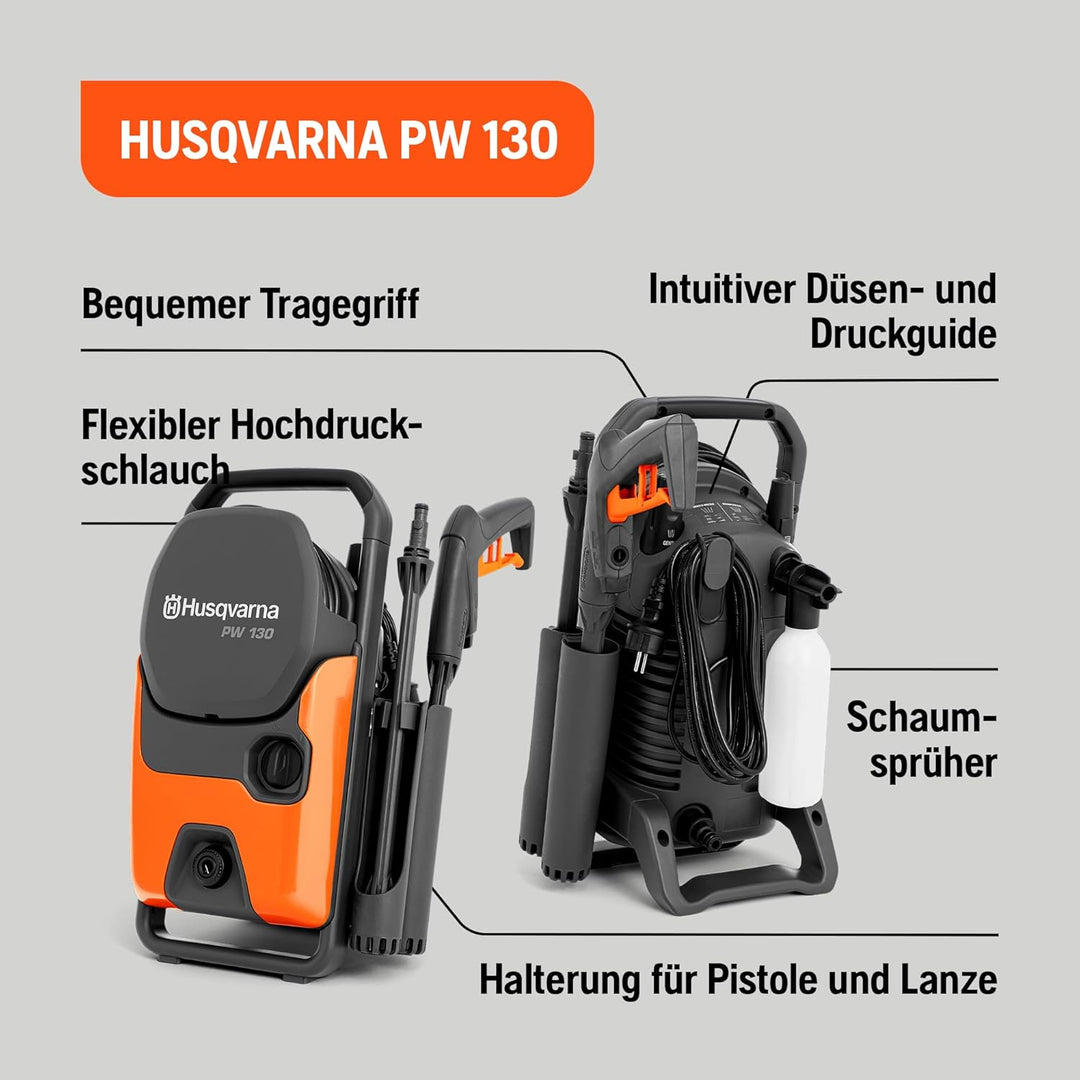 Husqvarna PW 130 Hochdruckreiniger – 130 Bar, 465L/h Durchflussmenge, Metallpumpe, 6 m Schlauch, Sch