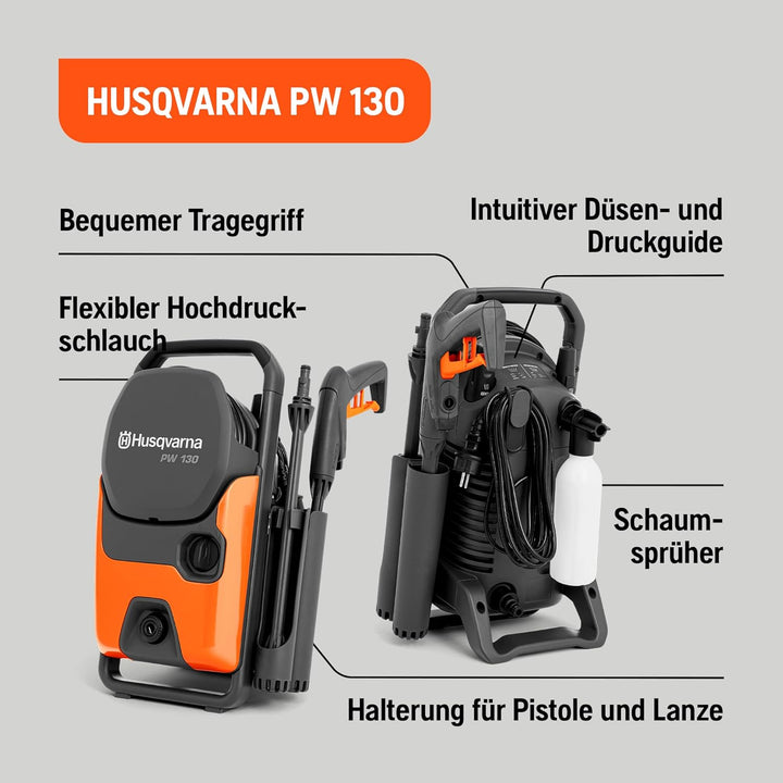 Husqvarna PW 130 Hochdruckreiniger – 130 Bar, 465L/h Durchflussmenge, Metallpumpe, 6 m Schlauch, Sch