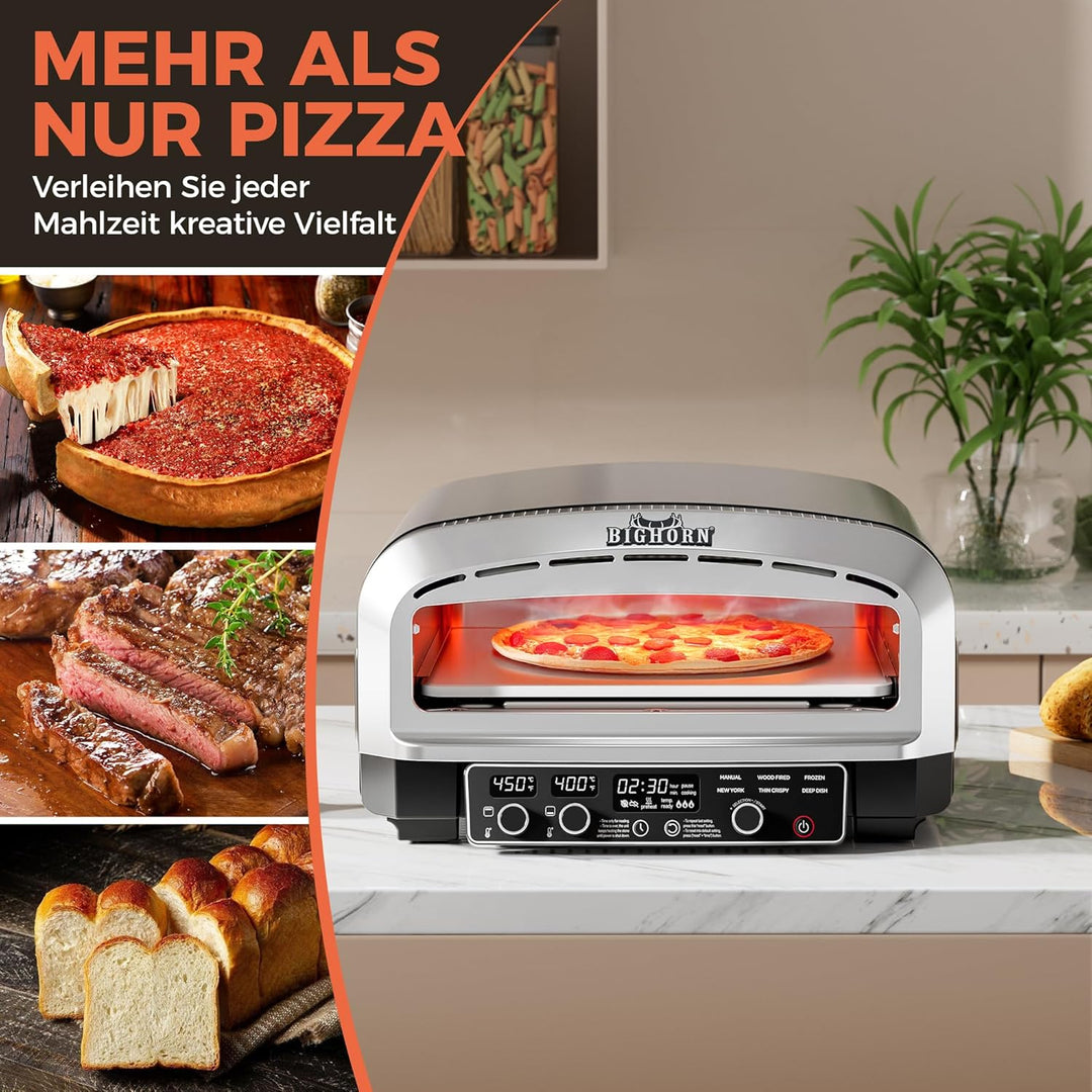 BIG HORN OUTDOORS Pizzaofen für den Innenbereich, 35 cm Elektro-Tischpizzaofen mit 6 voreingestellte