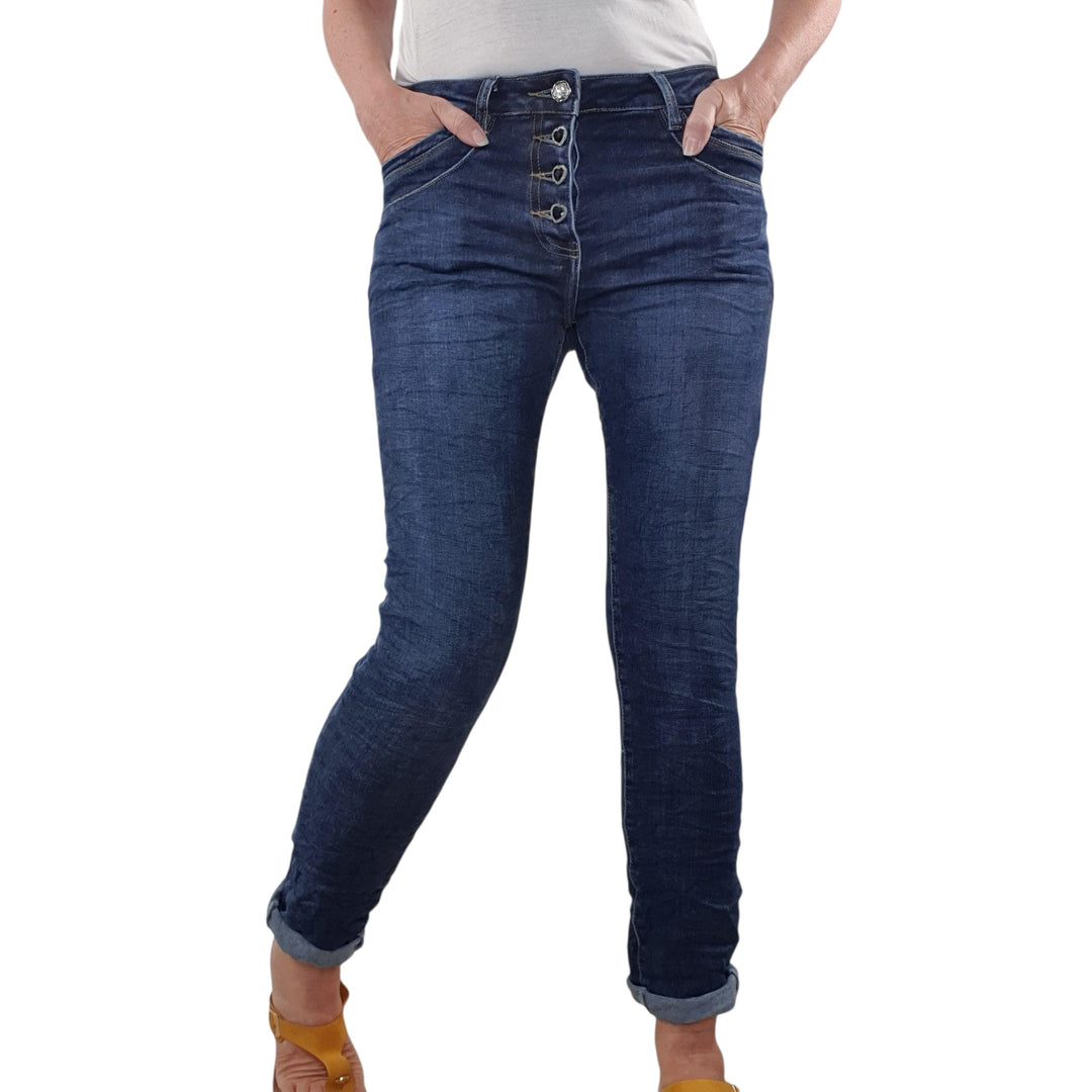 Jewelly Stretch Jeans| im Baggy Boyfriend Schnitt| Damen Hose mit dekorativer Knopfleiste| Perfekter
