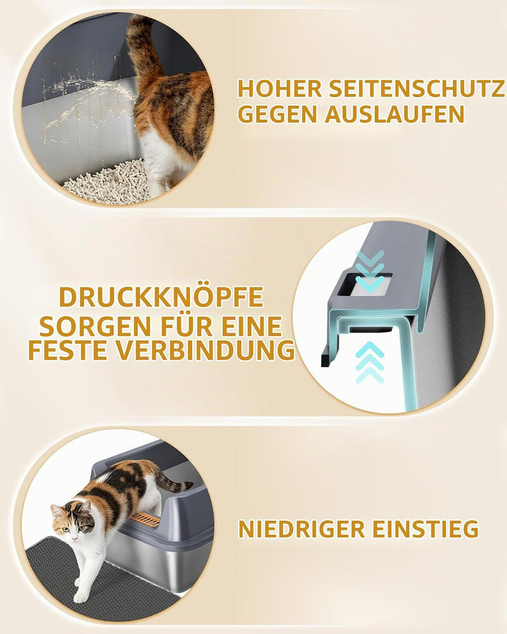 Hzuaneri Katzenklo Edelstahl XXL, 60 × 40 × 26 cm, Katzenklo mit Hoher Rand, mit XL-Matte, Schaufel,