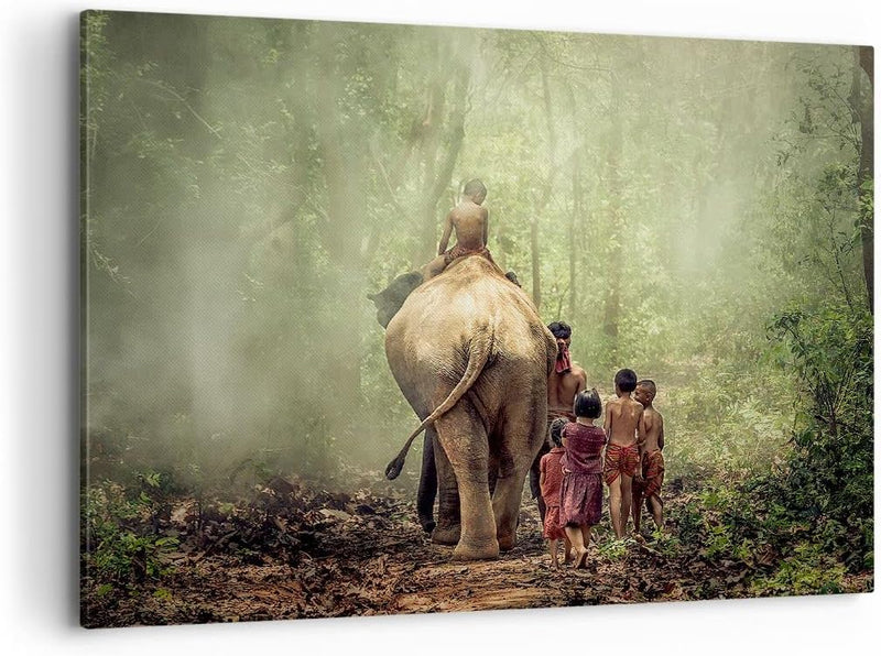 Bilder auf Leinwand 100x70cm Leinwandbild Elefant Dschungel Nebel Gross Wanddeko Bild Schlafzimmer K