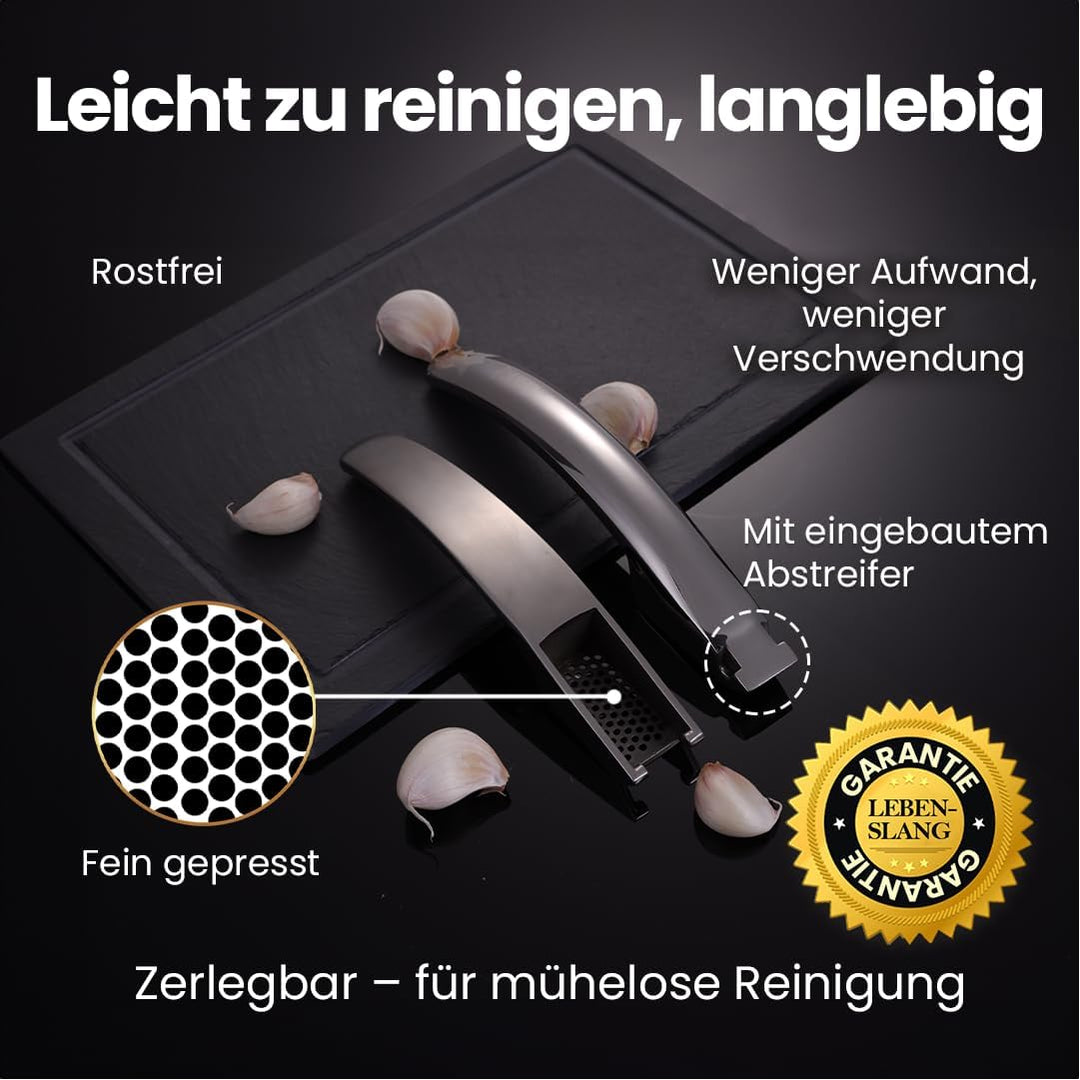 Knoblauchpresse Edelstahl für Knoblauch & Ingwer (kein Schälen notwendig) | Leicht zu reinigende Kno