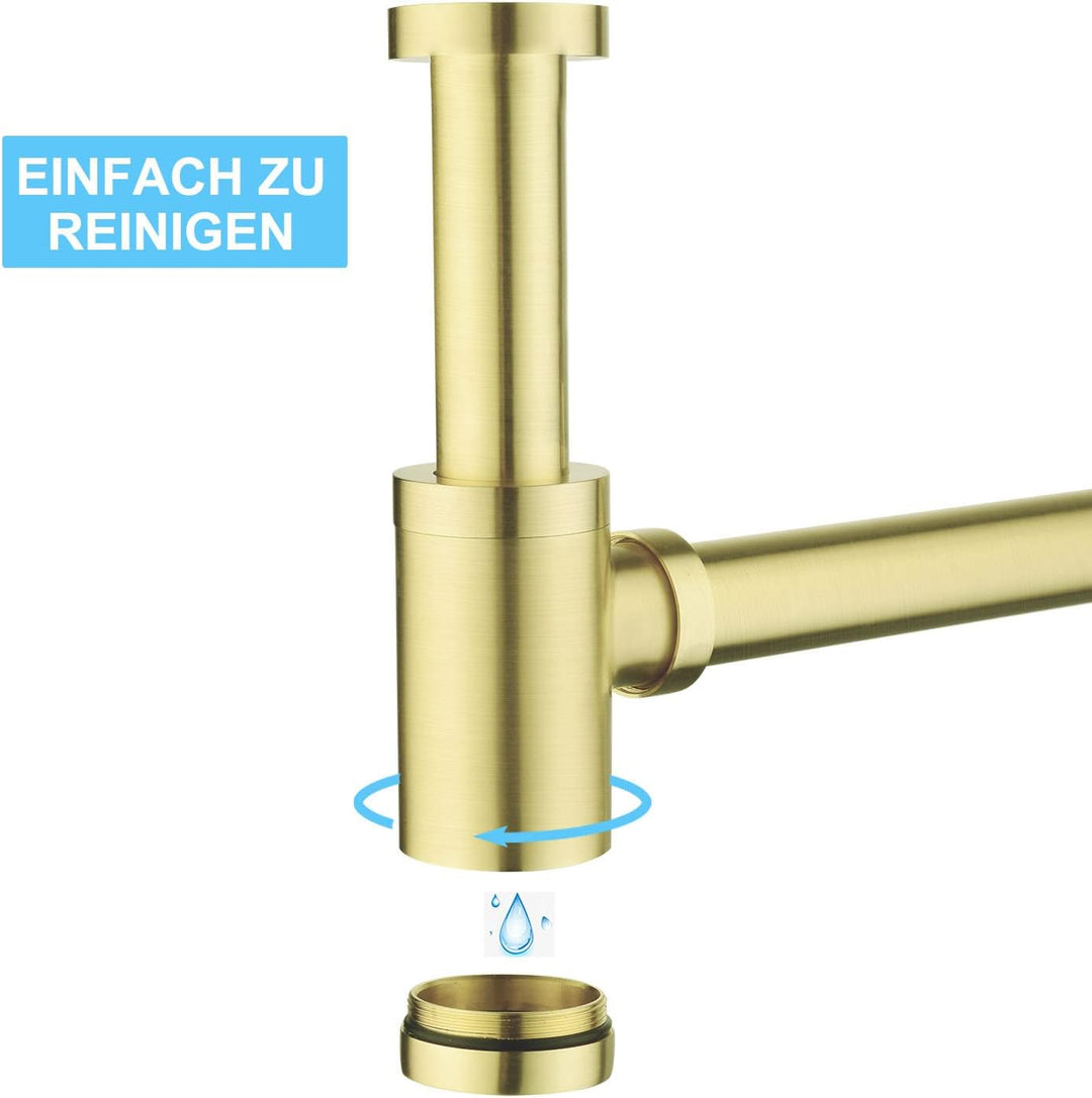 SET - Design Siphon mit Ablaufgarnitur mit Überlauf für Waschbecken Gebürstete Gold – Keymark Univer