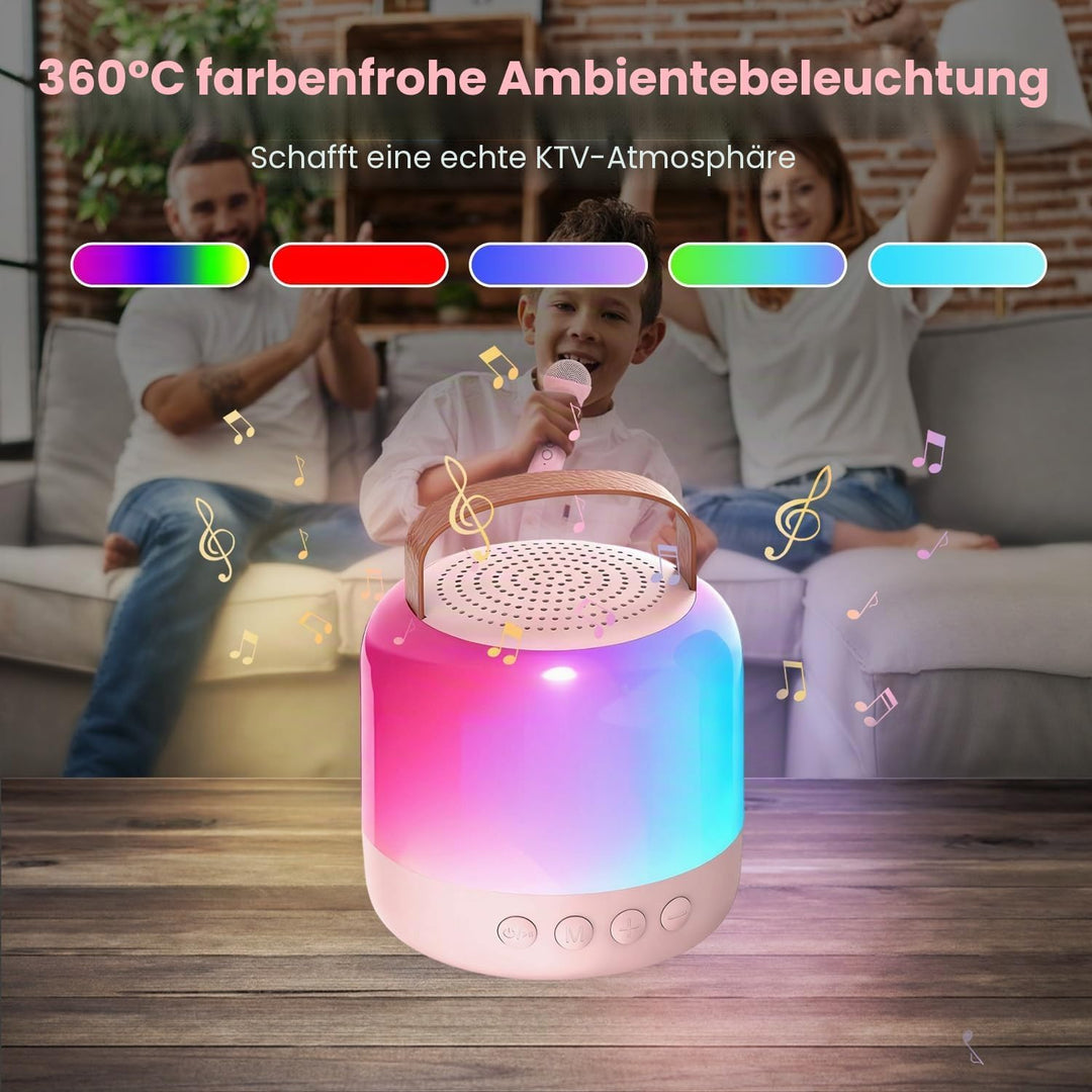 Karaoke Maschine mit 2 Drahtlosen Mikrofonen für Kinder, Tragbarer Bluetooth-Lautsprecher mit LED un