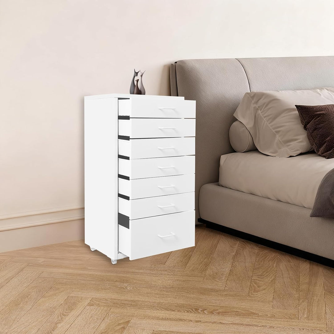 Metall Rollcontainer mit 7 Schubladen, Mobiler Schubladenschrank (Weiss), Weiss