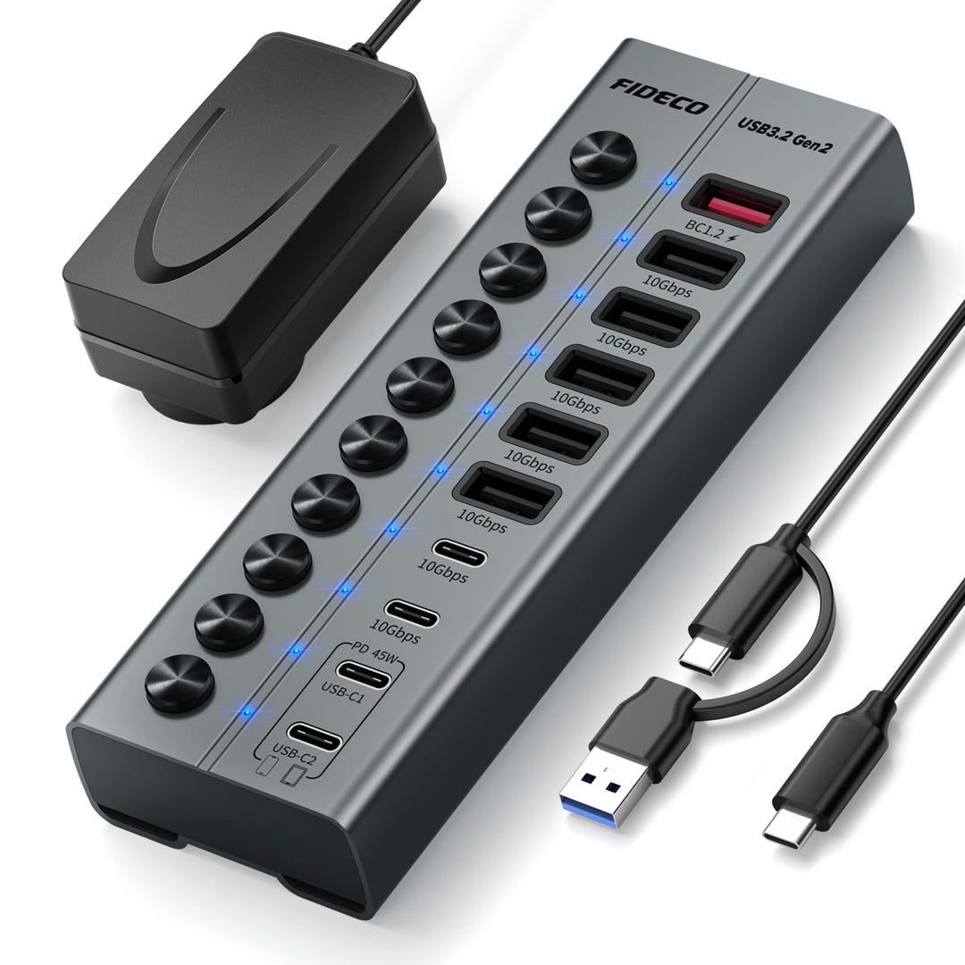 FIDECO 10 Ports USB Hub mit Netzteil, USB Hub Aktiv mit 1 BC1.2, 2 PD 45W Charging Port und 7 USB 3.