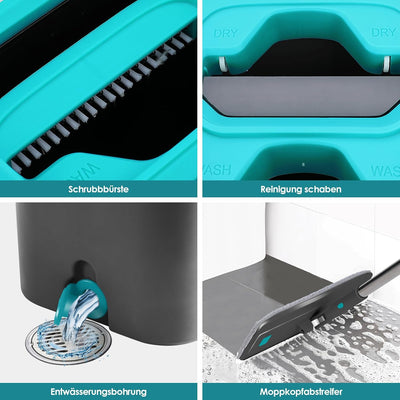 Myiosus Flacher Wischmopp Set mit Eimer, 2 in 1 Putzeimer mit Wischmop mit 144 cm Edelstahlgriff, 6