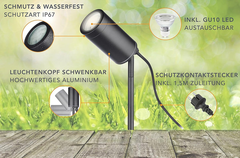 lambado® Premium LED Erdspiessleuchte schwarz Aussenstrahler inkl. 3W GU10 warmweiss - Gartenstrahle