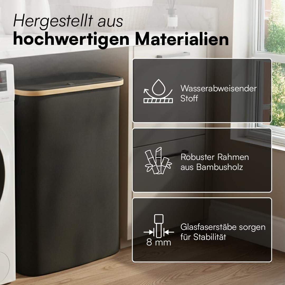 Bellamio Tolt Wäschekorb 3 Fächer schwarz – Wäschesammler 150 L mit Deckel – Wäschesammelbox aus Oxf
