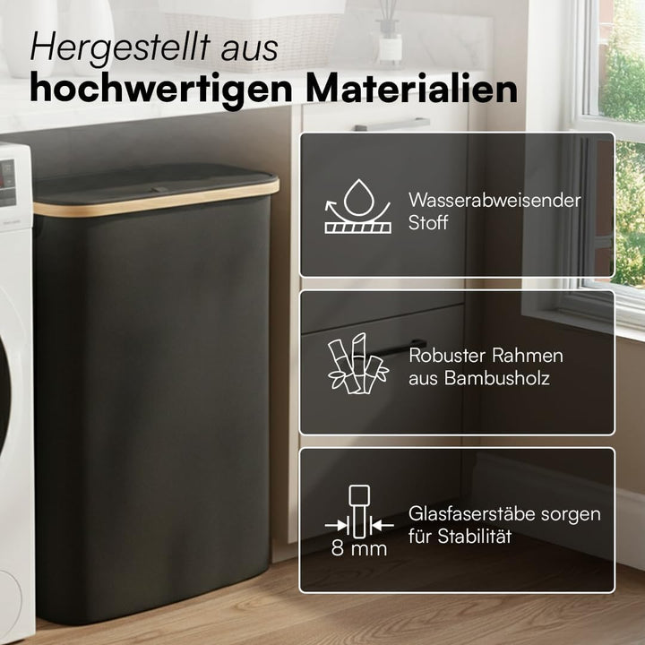 Bellamio Tolt Wäschekorb 3 Fächer schwarz – Wäschesammler 150 L mit Deckel – Wäschesammelbox aus Oxf