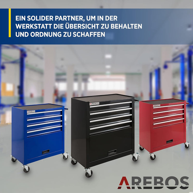 Arebos Werkstattwagen 4 Fächer + grosses Fach für Werkzeug | inkl. Antirutschmatten | kugelgelagerte