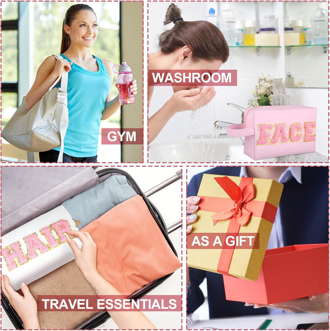 Sotiff Make-up-Tasche, Kosmetiktasche, Reise-Kulturbeutel für Damen, Chenille-Buchstaben, Patch-Tasc