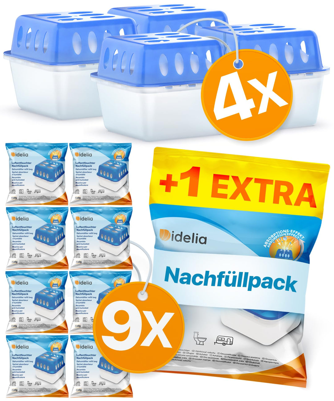 Idelia® 4x Luftentfeuchter + 9x 400g Nachfüllpacks - Raumentfeuchter für Bad, Keller uvm. bis 40m² +