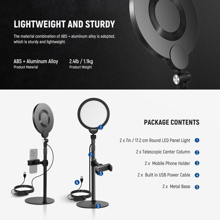 NEEWER Basics 2er 7" Tisch Ringlicht für Video Aufnehmen Dimmbare 10W Vollbild Video Key Light mit S