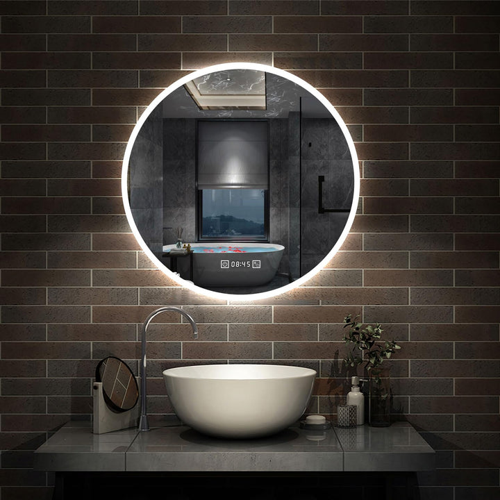 Aica Sanitär Badezimmerspiegel Rund 70cm mit Uhr 3 Lichfarbe dimmbar Memory Wand/Touchschalter Anti-