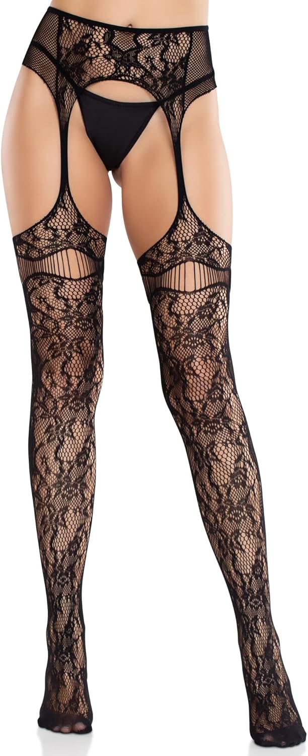 LEG AVENUE Damen Bloom Net Stockings With Cut-out Thigh Detail And Attached Garter Belt Netzstrümpfe