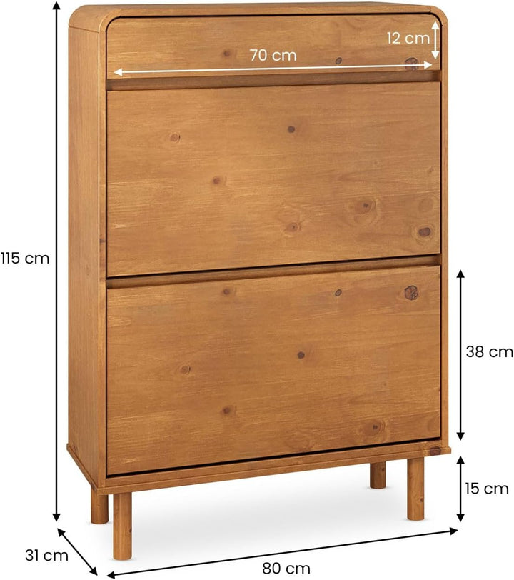 Schuhkipper NAEL mit 2 Klappen und Schublade, Eiche farben – schmaler Schuhschrank aus massivem Kief