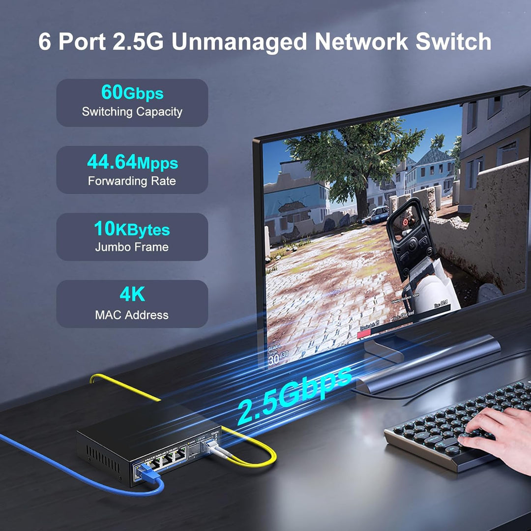 6 Port 2.5G Unmanaged Network Switch, VIMIN 4X 2.5Gbase-T Ports, 2X 10G SFP+ Port, 60Gbps Switching-