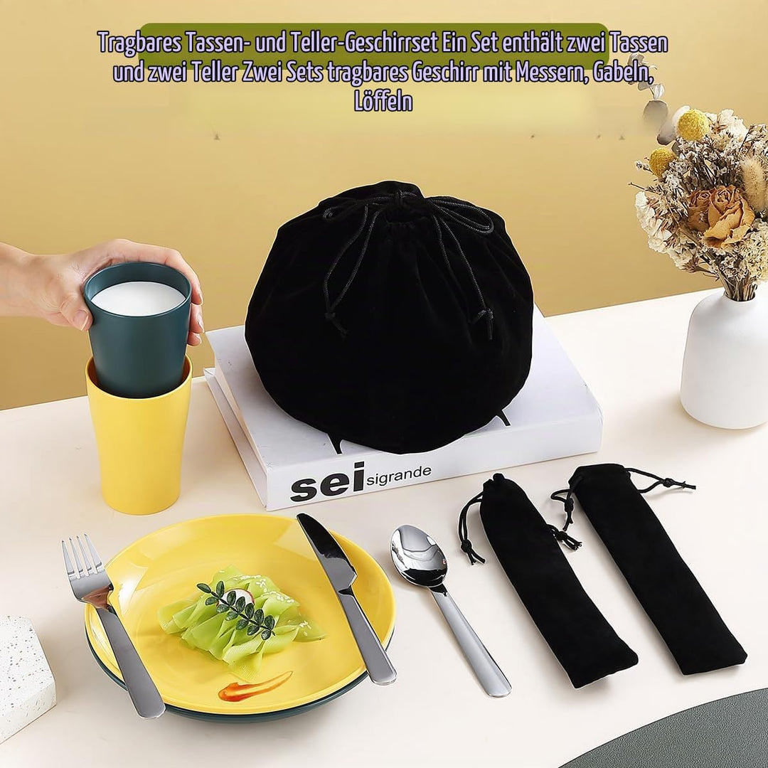 Evanda Camping Besteck Set 10 teilig, wiederverwendbarer leichter Becher, Teller und Edelstahlbestec
