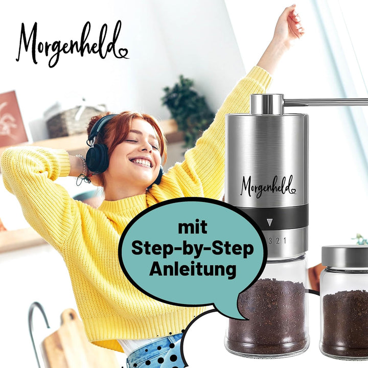 Kaffeemühle manuell aus Edelstahl 2 Glas Behälter – 6 Mahlgrade (Espresso bis Cold Brew) – Handkaffe