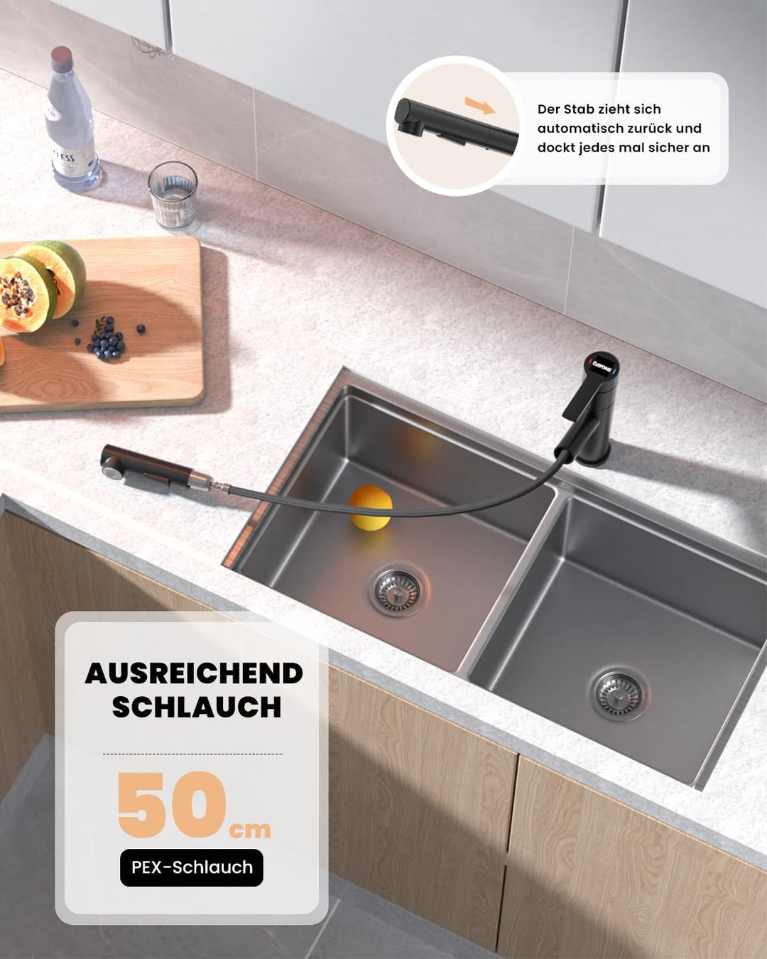 DAYONE Wasserhahn Küche Schwarz, Hochdruck Küchenarmatur Ausziehbar, Spültischarmatur mit 2 Sprühfun