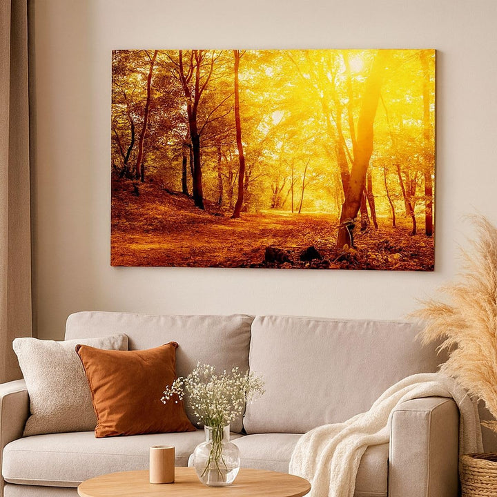 Bilder auf Leinwand 100x70cm Leinwandbild mit Rahmen Wald Baum Natur Gross Wanddeko Bild Schlafzimme