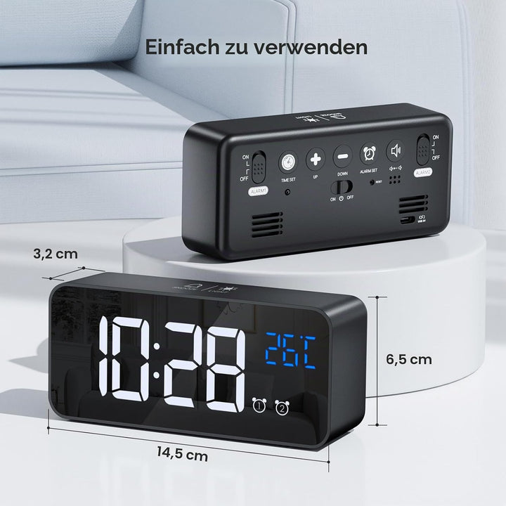 Wecker Digital, LED Digitaluhr mit Temperaturanzeige Tragbarer Spiegelalarm Tischuhr mit 2 Alarmen 1