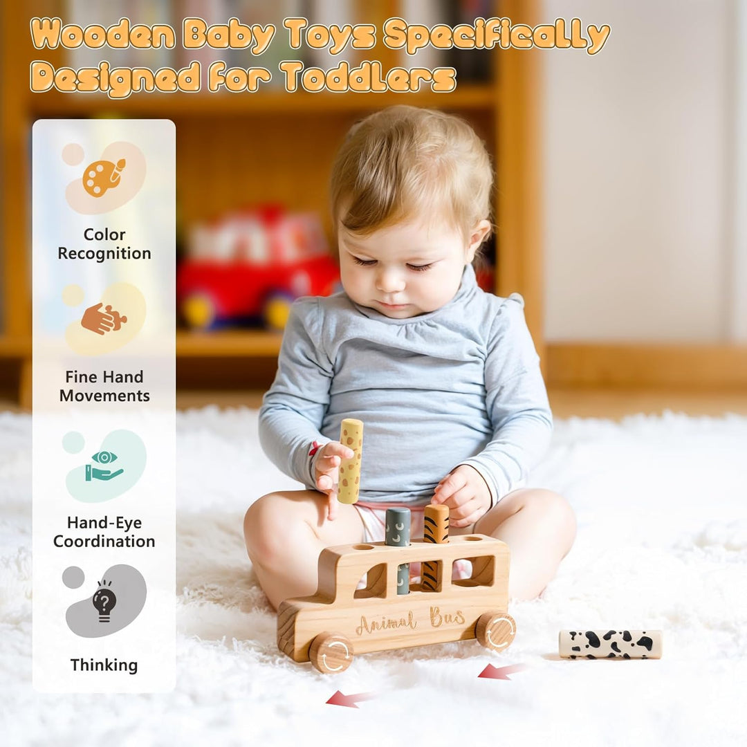 Mamimami Home Holz Pop Up Spielzeug Baby | Montessori-Spielzeug, bunter Tierbus für Kleinkinder | Vo