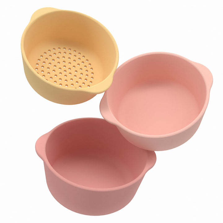 Inspire My Play – 3 x Koralle Stapelbare Silikonschalen und Sieb – Perfektes Zubehör für Sensory Pla