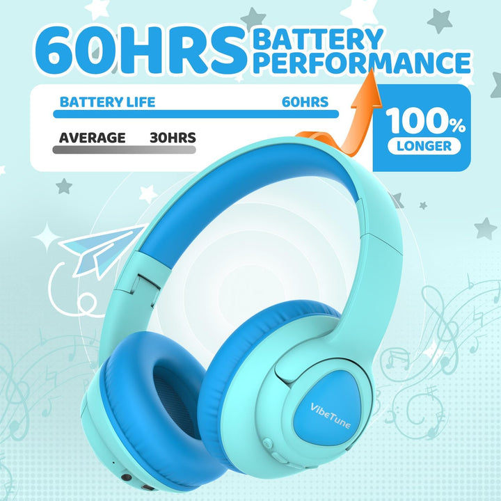 VibeTune Kinder Bluetooth Kopfhörer, 60 Stunden Spielzeit, Lautstärkebegrenzung 85/94dB, Bluetooth 5