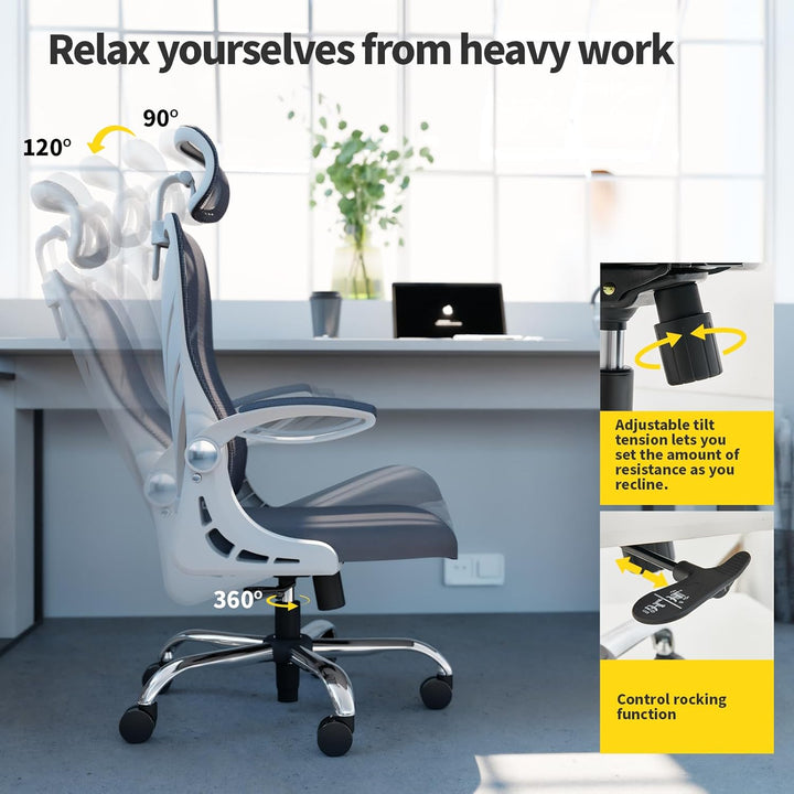 HOLLUDLE Ergonomischer Bürostuhl mit Klappbarer Rückenlehne, Schreibtischstuhl mit 2D Kopfstütze, Ho