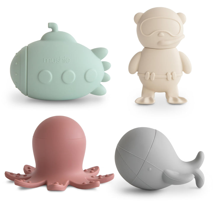 Mushie Badewannenspielzeug für Baby und Kinder aus Silikon | 4er-Pack Meeresleben Sea Life Badespiel