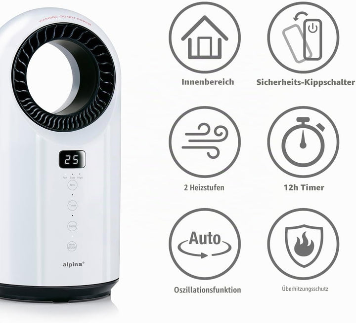 alpina Elektrischer Heizlüfter und Ventilator 1500W – Keramik Heizkörper mit Timer und Fernbedienung
